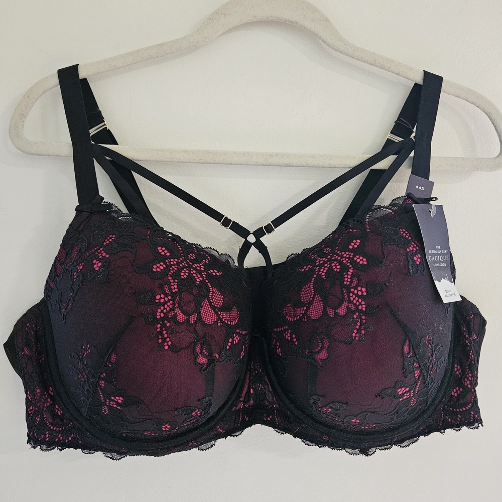 Cacique Pink Black Lace Seriously Sexy Boost Balconette Push Up Bra Sz 44D NWT